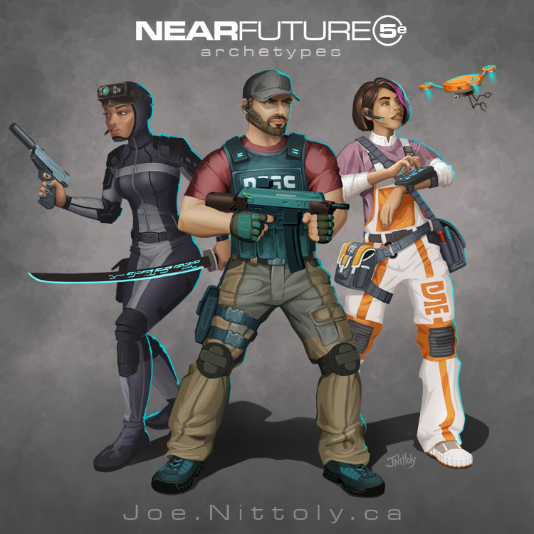 illustration of three sci-fi action characters