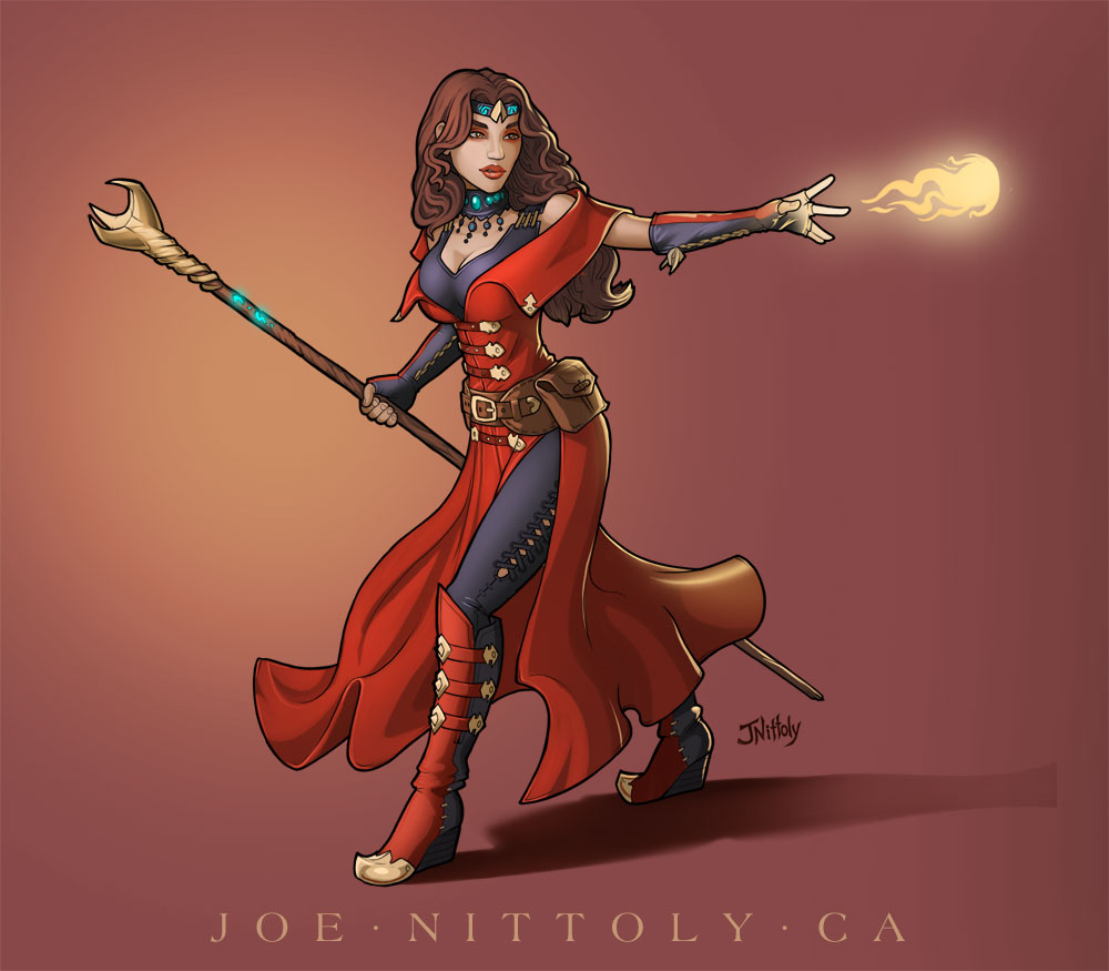 illustration of a female spellcasting casting a fireball