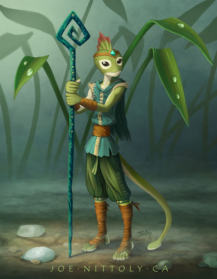 an illustration of a newt-like humanoid being holding a staff