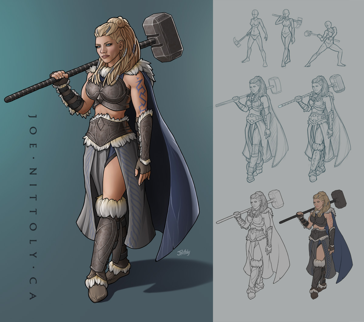 illustration of female warrior with accompanying process sketches