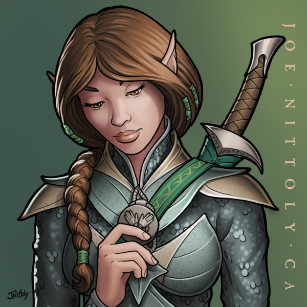 Illustration of a female elvish paladin holding a mediallion