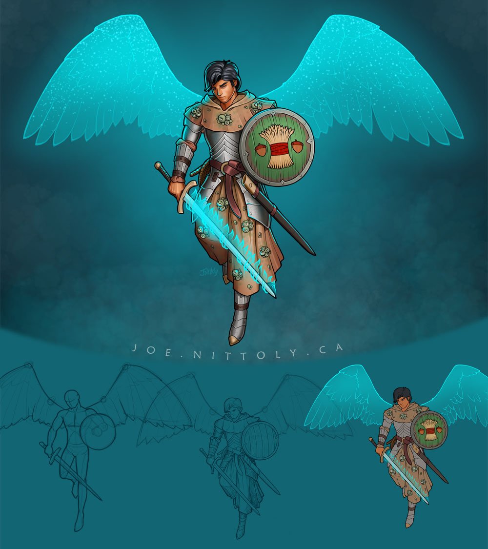 Fantasy artwork of an angelic hero with luminous wings